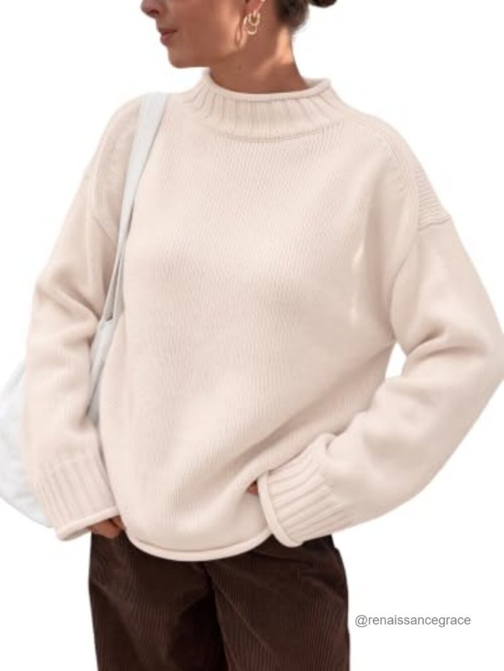 Oversized Mock Neck Sweater Cotton Blend Knit Pullover Fall Casual